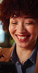 Business, laughing and phone with woman in office for feedback, report or text message. App, funny and scrolling with happy person in workplace for communication, mobile search or project update