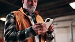 Phone, carpenter and hands with man in warehouse for furniture order, client briefing and contact. Communication, joinery and manufacturing with mature person and mobile for inspection update