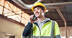 Building, inspection and man with smile, phone call or communication with contact for project update. Architect, talking and happy person with mobile, laughing and planning for construction with tech