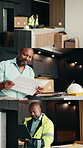 Laptop, contractor and research with black man in home for inspection, safety regulations or renovation. Architect, online blueprint and review with mature person for building supervisor and collage