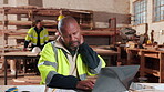 Carpentry, neck pain or man in workshop with laptop, burnout or joint strain with muscle injury. Tendinitis, bad posture or mature artisan with tech, discomfort or fatigue in cervical sprain.