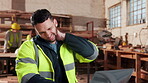 Carpentry, neck pain or man in factory with laptop, burnout or joint strain with muscle injury. Tendinitis, bad posture or artisan in warehouse with tech, discomfort or fatigue in cervical sprain.