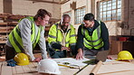 Blueprint, engineer and discussion with people in workshop for site plan scale, review or property development. Team, renovation and architect design with men for expansion, project or building