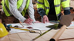 Blueprint, architecture and team with hands of people for site plan scale, review or property development. Meeting, renovation project and engineer design with contractor for expansion and building