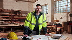 Blueprint, architecture and face with man in workshop for site plan scale, review or property development. Smile, renovation and engineer design with person for expansion, project or building
