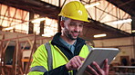 Carpentry, manufacturing and tablet with man in warehouse for agenda, project or schedule update. App, industry and production with person in woodworking plant for management of furniture business