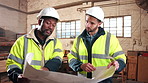 Conversation, men and construction workers on site with blueprint for building, maintenance or repairs. Floor plan, talking and civil engineers in collaboration for renovation or property development