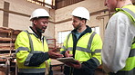 Meeting, conversation and men with tablet in woodwork warehouse for building or planning. Manufacturing draft, factory team and people with tech for workshop, safety and compliance or maintenance
