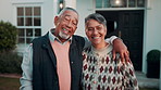 Senior, face or couple with smile for real estate, long term investment or property ownership. New house, people and happy with hug in front yard for relocation, empty nest and comfortable retirement