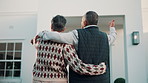 Back, old couple and pointing at new house for viewing, property purchase and support for relocation. Senior people, hug and moving in with lease, show home and real estate investment for retirement