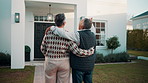Back, couple and hug at new house for viewing, property purchase and support for relocation. Mature people, talking and outdoor with embrace, home selection and real estate investment for retirement