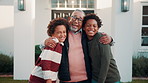 Face, grandfather and children outdoor at new house, property purchase or hug for relocation. Portrait, smile and old man and kids with embrace, loan approval and moving in for real estate investment