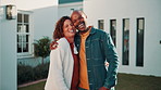 Face, couple and hug at new house with smile, property purchase and support for relocation. Portrait, African people and laughing with embrace, home selection and real estate investment for ownership