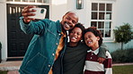 Dad, children and hug with selfie in home for photography, capture moment or social media together. Black family, father or kids with smile, love or care for picture, memory or bonding outside house