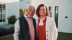 Face, old father and daughter outdoor at new house, property purchase and relocation. Portrait, people and laugh at front yard for family security, home lease and real estate investment for ownership
