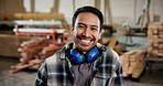 Carpentry, face or man in workshop with pride, handyman or ambition in manufacturing industry. Portrait, happy person and carpenter with confidence, craftsmen or about us in lumber distribution.