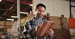 Man, thinking and carpenter with clipboard in workshop for documents with order confirmation. Checklist, planning and woodworker with ideas for timber manufacturing process at industry warehouse.