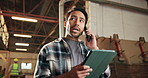 Phone call, man and woodworker with tablet in workshop with confirmation on timber order for production. Technology, cellphone and carpenter on mobile discussion for supplier feedback from below