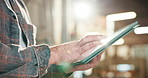 Man, hands and woodworker with tablet in workshop for research with online order confirmation. Digital technology, feedback and carpenter with email for timber manufacturing process in warehouse.
