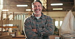 Pride, face or carpenter in workshop with arms crossed, handyman or ambition in manufacturing industry. Happy, mature man and artisan with confidence, craftsmen or about us in lumber distribution.
