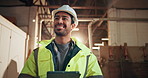 Tablet, man and carpenter planning in factory for manufacturing, development and thinking. Technology, happy person and artisan with woodwork idea in industry, production and smile with solution