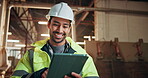 Tablet, man and carpenter in factory for manufacturing, development and inventory list. Tech, happy person and artisan with woodwork report in industry, production productivity and scroll schedule