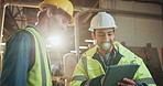 Men, tablet and conversation in factory with training, mentor and review online floor plan for project. Team, discussion or technology for blueprint, happy supervisor and trade apprentice with flare