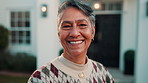 Face, old woman and smile outdoor at new house, property purchase and relocation at front yard. Portrait, happy or senior person for loan approval, home lease and moving in for real estate investment