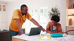 Education, remote work and son with father in home for business, child development or learning. Computer, notebook and study with African family at apartment counter for freelance job or school