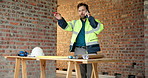 Construction site, phone and man talking for development, floor plan and project coordination. Communication, mobile and architect with building blueprint, safety compliance and progress report