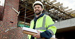 Blueprint, man and face of construction worker on site with confidence for building maintenance. Scaffolding, floor plan and portrait of civil engineer with pride for renovation or repairs from below