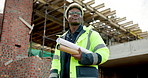 Black man, thinking and construction worker with blueprint on site for ideas on building renovation. Floor plan, decision and civil engineer with inspection on infrastructure repairs from below.
