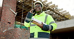 Construction site, phone call and man talking for development, laugh and project coordination. Communication, architect and black person with mobile for building review, progress report or funny joke