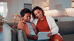 Mother, child and relax in home with tablet, watch online cartoon and entertainment on weekend break. Happy, African woman and son in living room with tech, streaming kids movie and film for bonding.