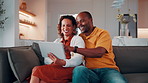 Mature, couple and talk in house with tablet, browsing social media and smile for bonding together. Flare, happy married African people and discussion in lounge with tech, internet and digital app.