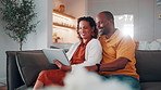 Mature, couple and relax in house with tablet, browsing social media and smile for bonding together. Flare, happy married African people and talk in living room with tech, internet and digital app.