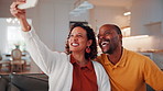 Happy, selfie and mature couple in house with love, social media post or bonding together on weekend. Married, African people and photography in living room with smile, care or romantic relationship.