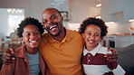 Face, father and children in home with hug, laugh and humor for family bonding together on weekend. Happy, African man and boy kids embrace in living room with funny dad joke, love and connection.