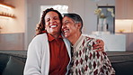 Love, happy woman and hug with senior mother in family home for connection, laugh together and care. Adult daughter, elderly parent and embrace in living room, funny or bonding with smile for support