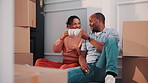Coffee, moving and couple by boxes in new home for relax, bonding or cheers to property investment. Happy, cappuccino and African man with woman for toast to real estate achievement together in house