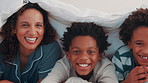 Love, face and black family on bed with sheet, security and bonding together on day off. Smile, mother and children in house with portrait, happy moment and caring relationship on weekend break.