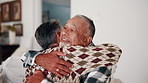 Happy, hug and senior couple in home with bonding, love and connection in marriage on weekend. Smile, support and elderly man embracing woman in living room for trust in relationship at house.