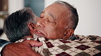 Support, hug and senior couple in home with bonding, love and connection in marriage on weekend. Retirement, care and elderly man embracing woman in living room for trust in relationship at house.