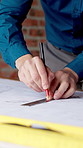 Hands, engineer and measure at site with document, blueprint and drawing design for construction. People, teamwork or ruler with paperwork, building information and change floor plan for architecture