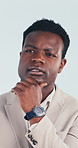 Thinking, businessman and solution with idea in studio for business decision on a white background. Thoughtful, black man or happy with good option, choice or problem solving for reminder or choice