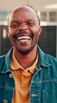 Face, black man and laughing outdoor at new house, property purchase or smile for relocation. Portrait, male person and happy at front door for moving in, homeownership and investment for real estate