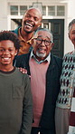 Happy, face and family in front yard with children for moving to dream house, property and home. Hug, generations and senior people, parents and kids for bonding, love and security with mortgage