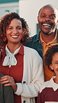 Happy, face and parents in front yard with children for moving to dream house, property and home. Portrait, outdoor and kids with mom, dad and smile for bonding, love and security with mortgage