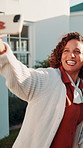 New home, woman or senior parents with selfie for mortgage success, online post or thumbs up. Daughter, elderly dad and mom in front yard photo for moving support, family investment or status update