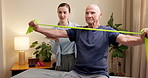 Physical therapy, woman and senior man with resistance band for help with strength and happy with progress. Old patient, physiotherapist and equipment for muscle growth, wellness support or health